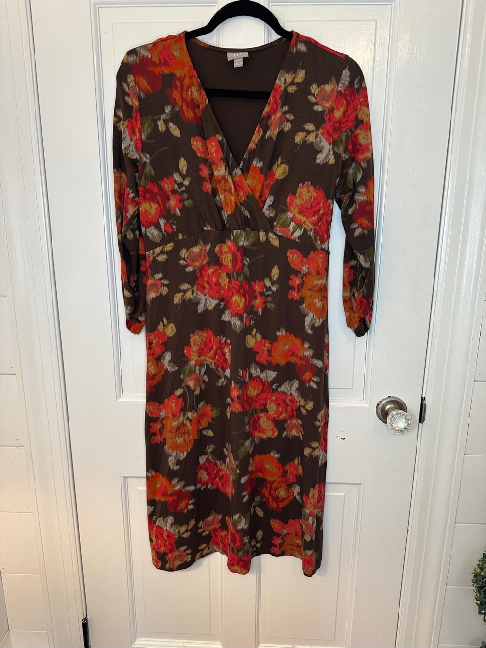 J. Jill Brown Midi Dress with Red-Orange Floral Print size S EUC